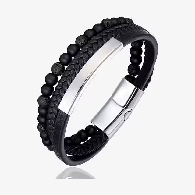 Bracelet pour homme en cuir tressé à la main, multicouche, orné de pierres naturelles de 6 mm (EGBT247)