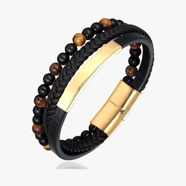 Bracelet pour homme en cuir tressé à la main, multicouche, orné de pierres naturelles de 6 mm (EGBT247)