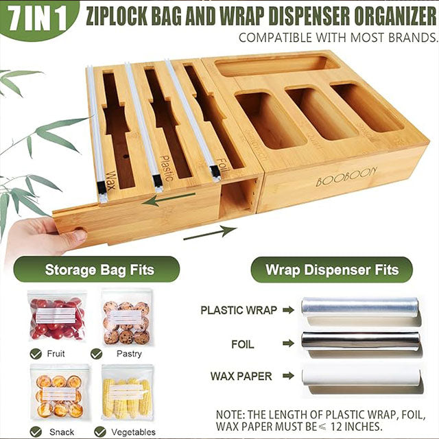 7-in-1 Ziplock Bag Organizer with Wrap Dispenser & Cutter – Kitchen Storage for Gallon, Quart, Sandwich, Snack Bags, Foil, Wax Paper & Plastic Wrap | Drawer & Wall Mount Organizer