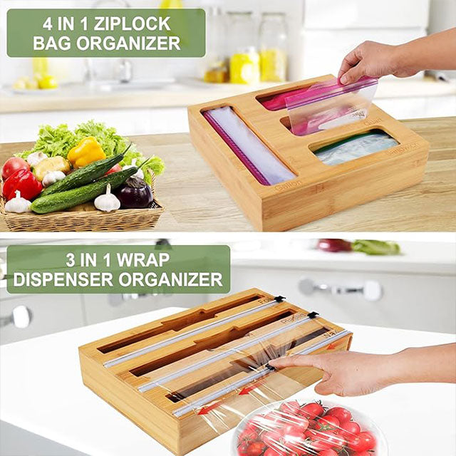 7-in-1 Ziplock Bag Organizer with Wrap Dispenser & Cutter – Kitchen Storage for Gallon, Quart, Sandwich, Snack Bags, Foil, Wax Paper & Plastic Wrap | Drawer & Wall Mount Organizer