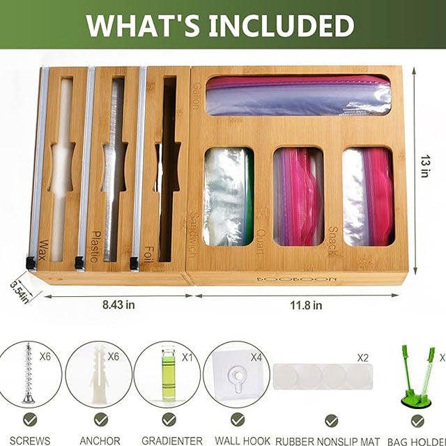 7-in-1 Ziplock Bag Organizer with Wrap Dispenser & Cutter – Kitchen Storage for Gallon, Quart, Sandwich, Snack Bags, Foil, Wax Paper & Plastic Wrap | Drawer & Wall Mount Organizer