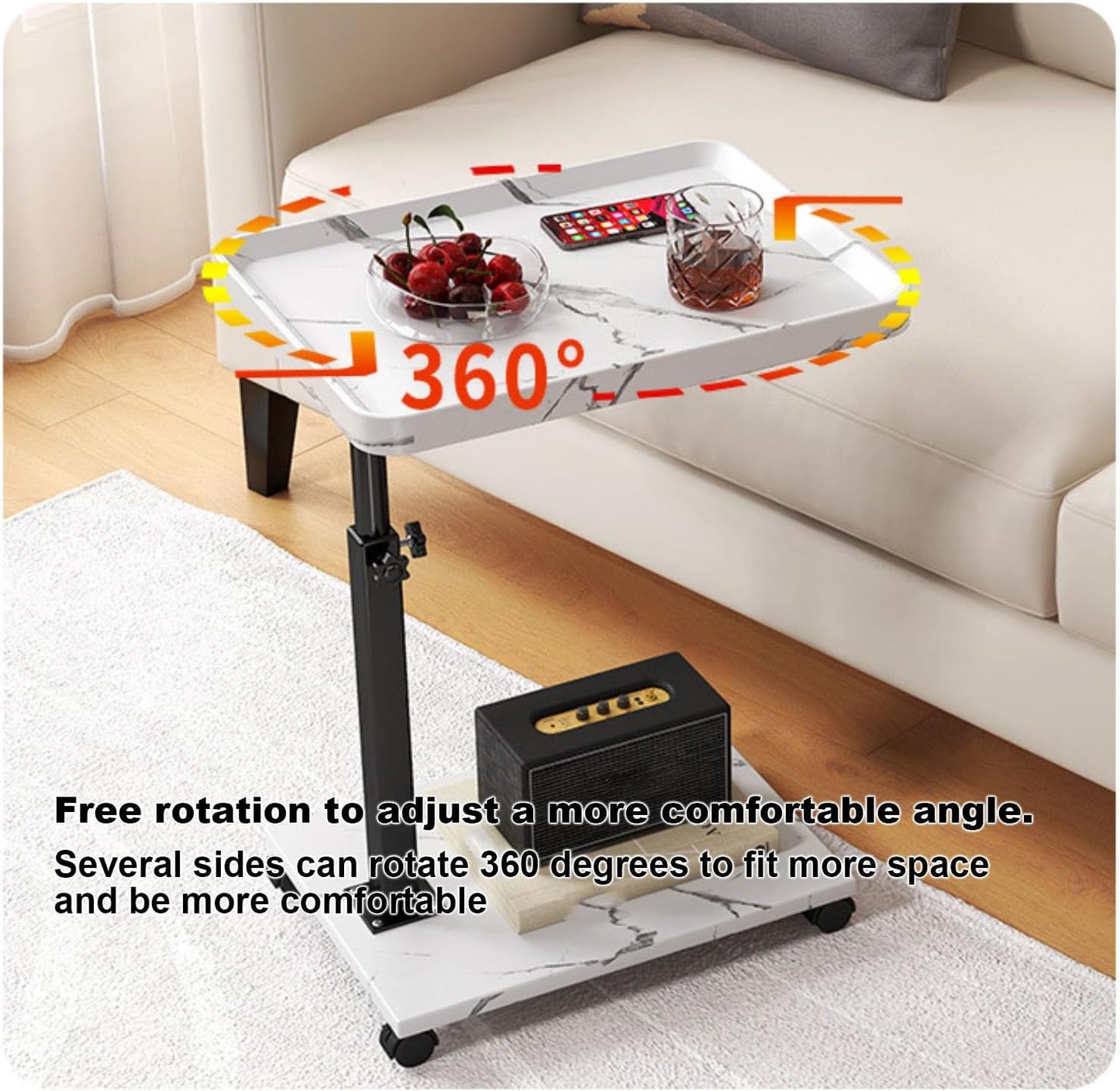 C-Shaped Mobile Side Table – Slidable Sofa End Table & Bedside Cabinet – Small Square Coffee Table with Wheels (Wood / Marble White / Walnut)