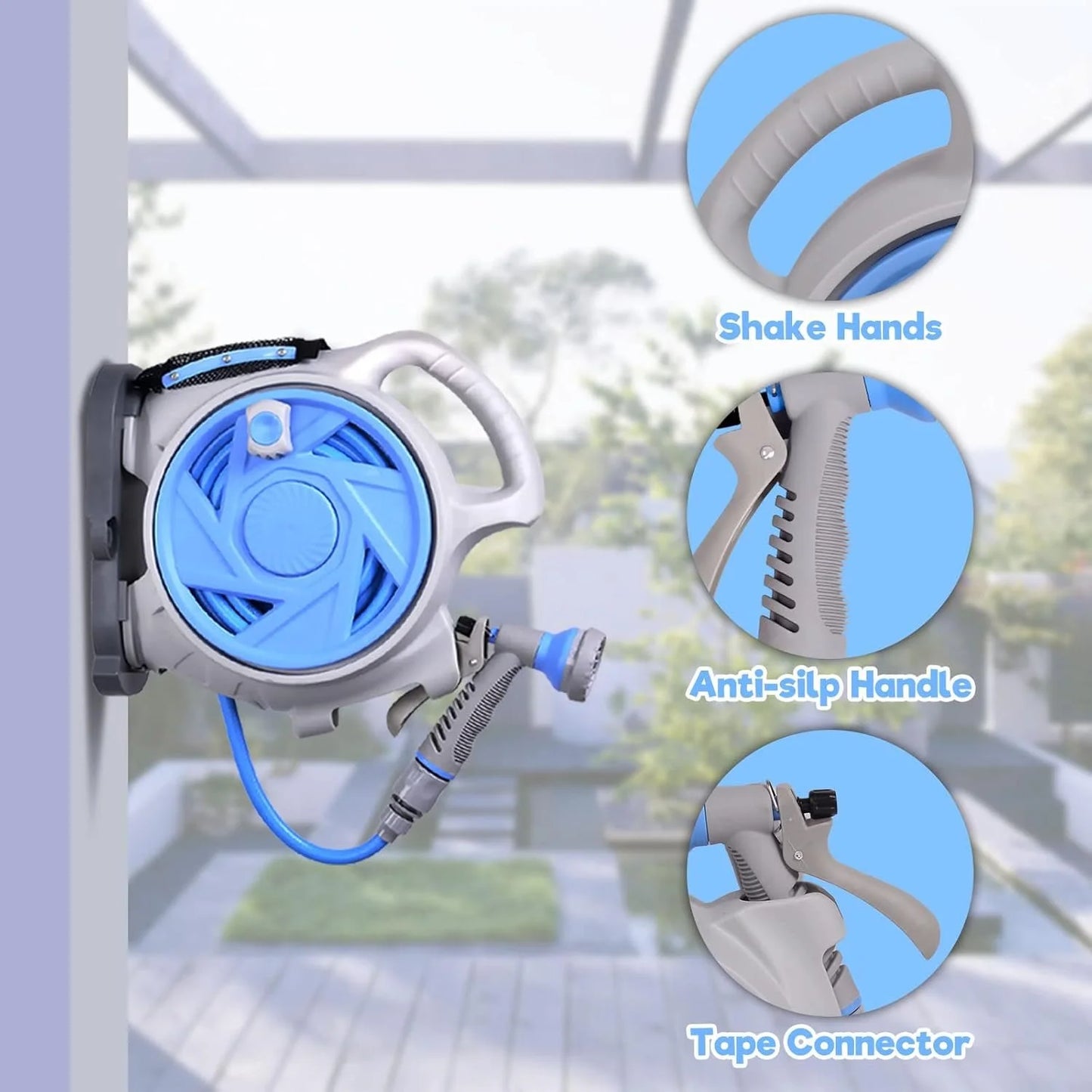 50 Ft Retractable Garden Hose Reel with 7 Spray Patterns – Heavy Duty Wall-Mounted & Portable Hose Reel for Garden Watering, Car Washing & Pet Bathing
