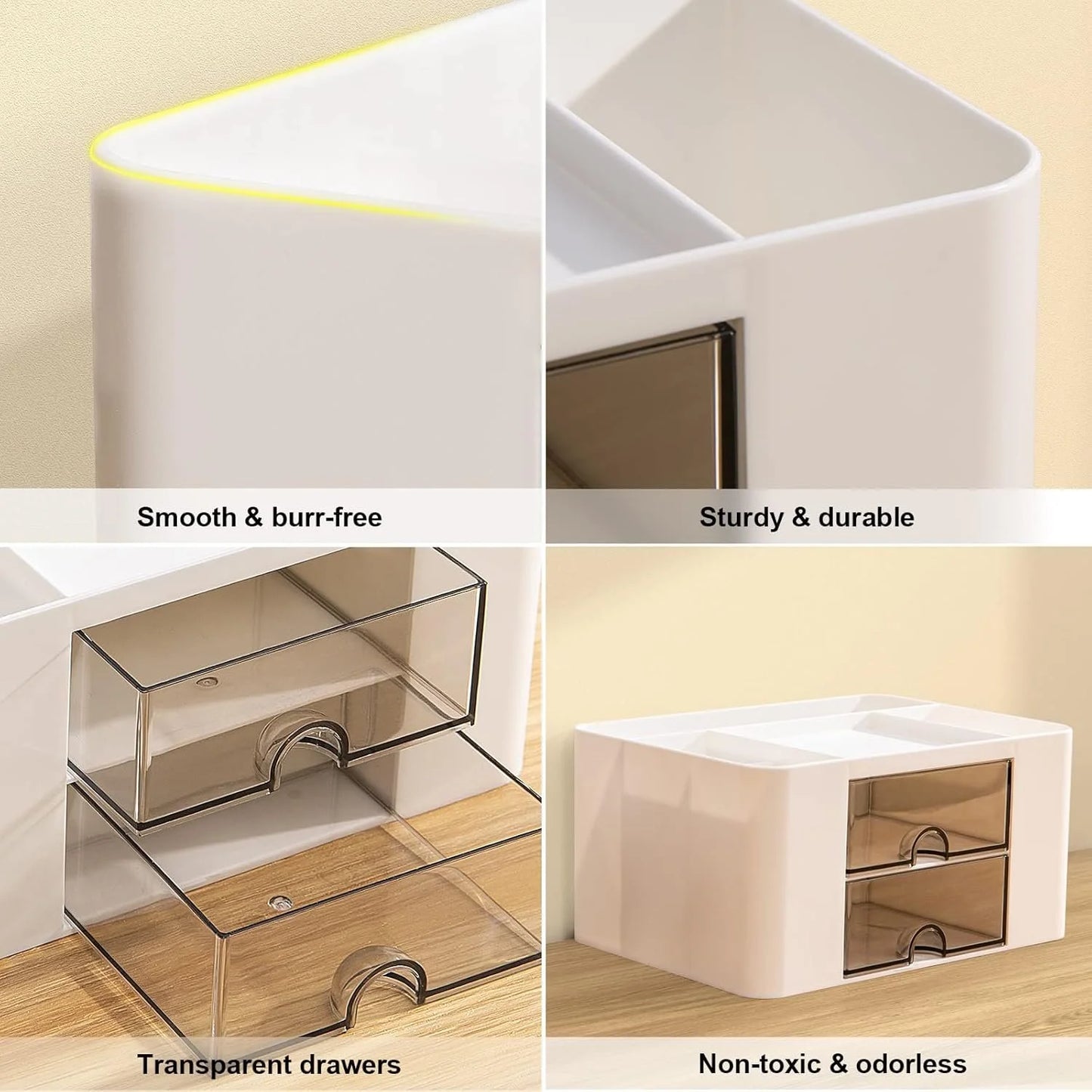 Multifunctional Desk Organizer with Drawers – Plastic Office & Makeup Storage Organizer with Pen Holder, 5 Compartments & 2 Drawers