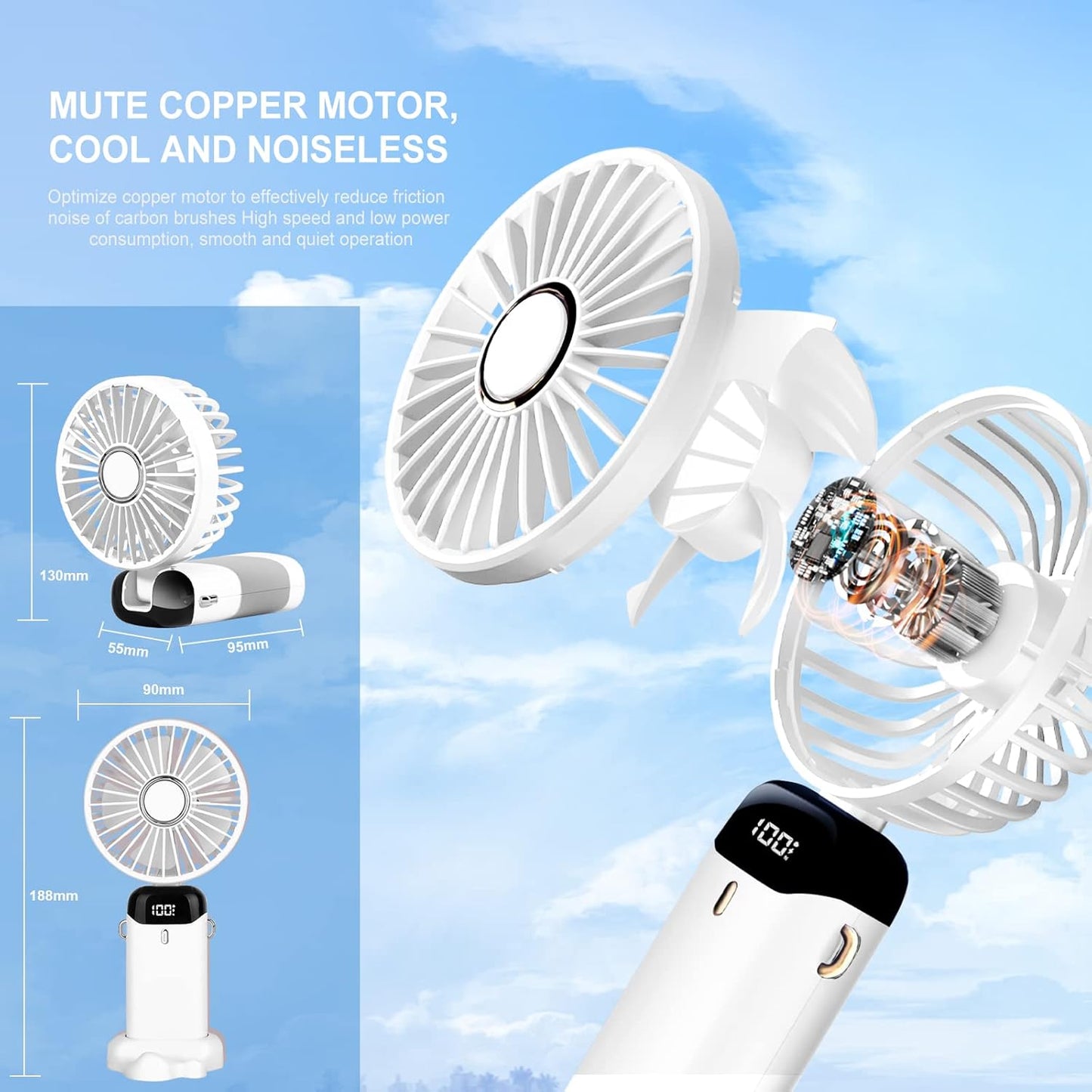 Rechargeable Mini Handheld Fan – Portable USB Cooling Fan with Aromatherapy Tablet, Phone Stand & Digital Display