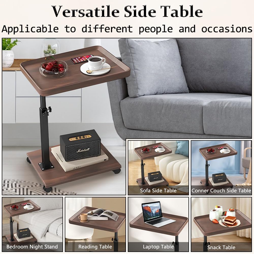 C-Shaped Mobile Side Table – Slidable Sofa End Table & Bedside Cabinet – Small Square Coffee Table with Wheels (Wood / Marble White / Walnut)