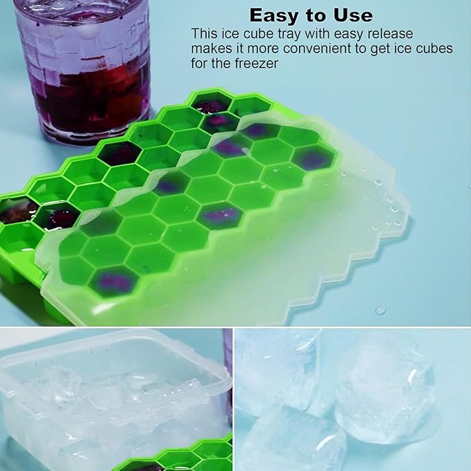 Silicone Ice Cube Trays with Lid – Easy-Release Reusable Ice Makers for Freezer, Stackable Organizer Bins for Cocktails & Iced Coffee