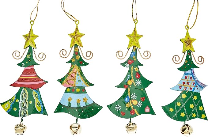 Small Foot Metal Christmas Tree Hanging Ornament with Bell | Multicolour Holiday Decoration (Design 1 or Design 4)