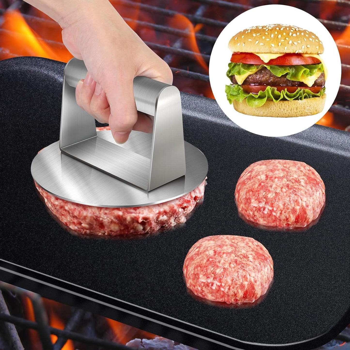 Stainless Steel Smash Burger Press – Heavy Duty Circular Hamburger Meat Masher and Grill Press