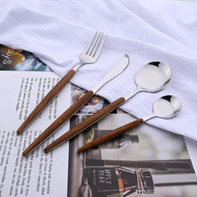 Stainless Steel Cutlery Set – Vintage Imitation Wood Handle – Professional Western Tableware Kit with Steak Knife, Fork, Spoon, and Teaspoon (Mirror Polished)