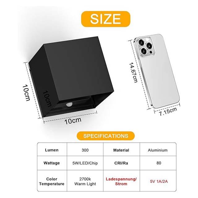 Aipsun Wireless Battery Wall Light with Motion Sensor Black- 5500 mAh Wall Light Up and Down Indoor LED Wall Light- 3000 K Warm White- for Stairs- Foyers- Hallways