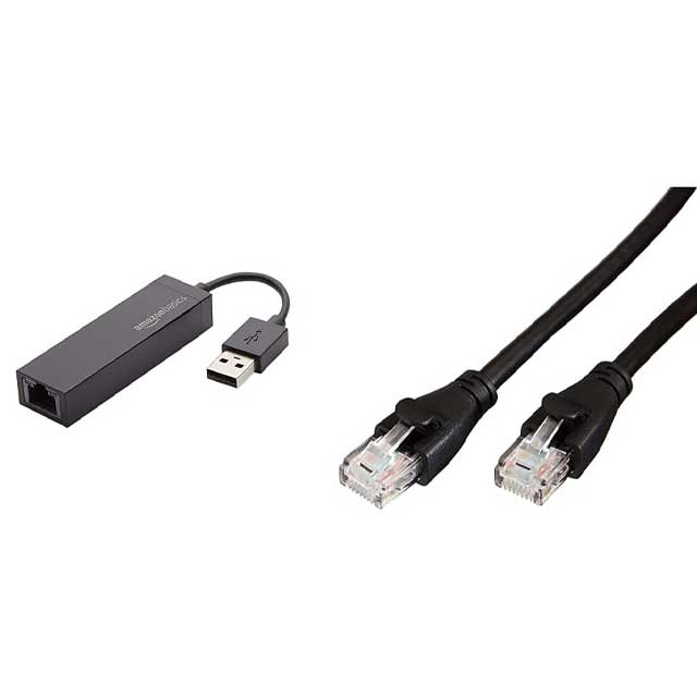 Amazon Basics USB to Ethernet Adapter & 3m Cat6 RJ45 Cable Bundle – USB 2.0 10/100Mbps Adapter with 1000Mbps Gigabit Ethernet Cable for Fast Wired Internet Connection