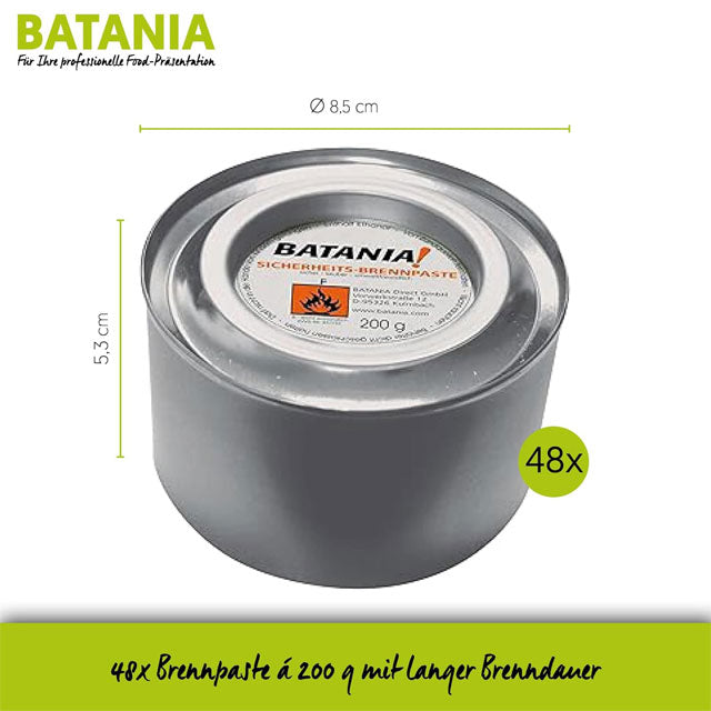 BATANIA 48 x 200g Fuel Paste – Long-Lasting, Non-Toxic, Soot & Smoke Free Burning Tin for Hot Buffets & Chafing Dishes, Up to 3 Hours Burn Time