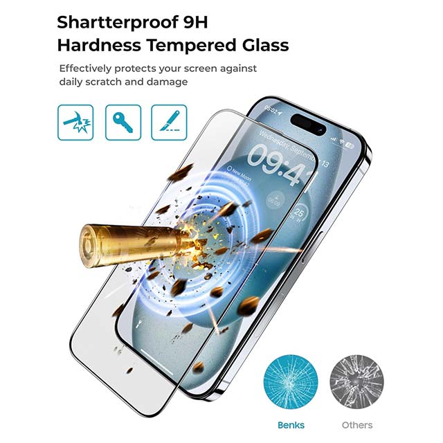 BENKS iPhone 6.7" Matte Screen Protector – 9H Tempered Glass, Anti-Fingerprint & Anti-Glare Full Coverage (2 Pack with Installation Frame)