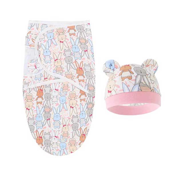 Baby Swaddle Blanket & Hat Set – Cartoon Print Cotton Wrap for Newborns 0–6 Months | Adjustable Infant Blanket for All Seasons