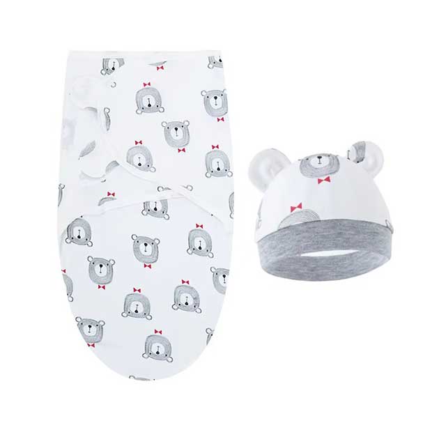 Baby Swaddle Blanket & Hat Set – Cartoon Print Cotton Wrap for Newborns 0–6 Months | Adjustable Infant Blanket for All Seasons