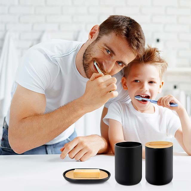 6-Piece Black Bamboo Bathroom Accessories Set – Includes Soap Dispenser, Toothbrush Holder, Rinse Cup, Soap Dish, Waste Bin & Toilet Brush