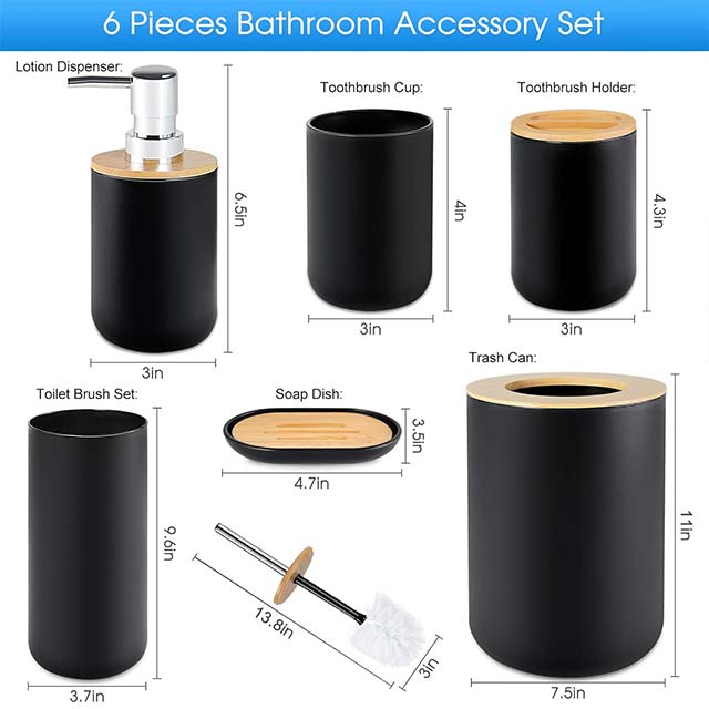 6-Piece Black Bamboo Bathroom Accessories Set – Includes Soap Dispenser, Toothbrush Holder, Rinse Cup, Soap Dish, Waste Bin & Toilet Brush