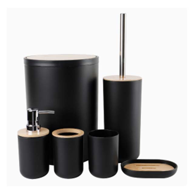 6-Piece Black Bamboo Bathroom Accessories Set – Includes Soap Dispenser, Toothbrush Holder, Rinse Cup, Soap Dish, Waste Bin & Toilet Brush