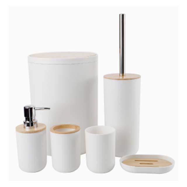 6-Piece Black Bamboo Bathroom Accessories Set – Includes Soap Dispenser, Toothbrush Holder, Rinse Cup, Soap Dish, Waste Bin & Toilet Brush