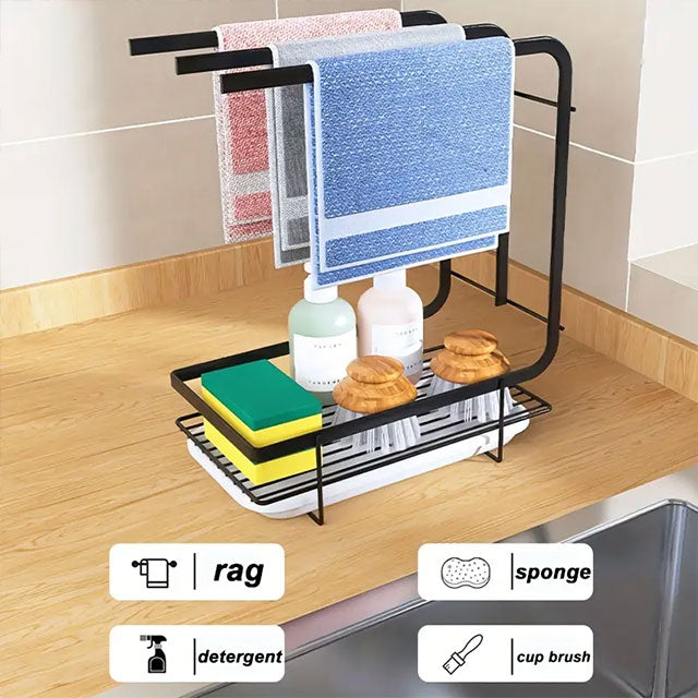 Black Wall-Mounted Kitchen Dishcloth & Sponge Holder – Punch-Free Sink Storage Rack with Drain Pan & Scouring Pad Organizer