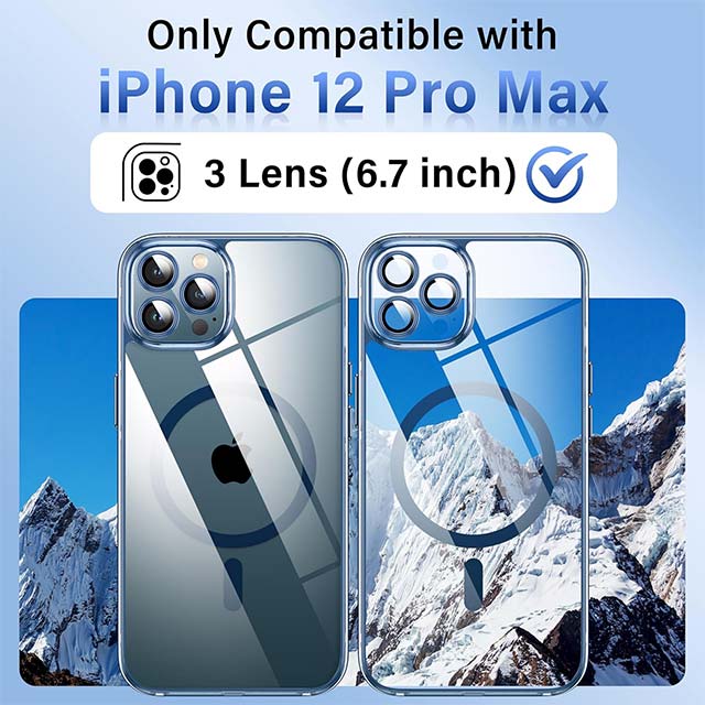 Blue Clear Magnetic Case for iPhone 12 Pro Max (6.7") – MagSafe Compatible Hard Transparent Cover with Camera Protector, Non-Yellowing, Shockproof & Antiscratch Silicone Design
