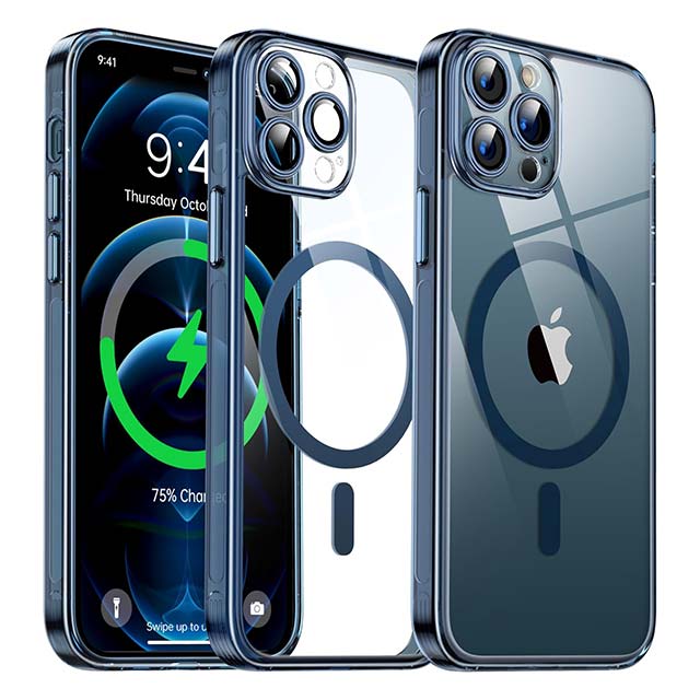 Blue Clear Magnetic Case for iPhone 12 Pro Max (6.7") – MagSafe Compatible Hard Transparent Cover with Camera Protector, Non-Yellowing, Shockproof & Antiscratch Silicone Design