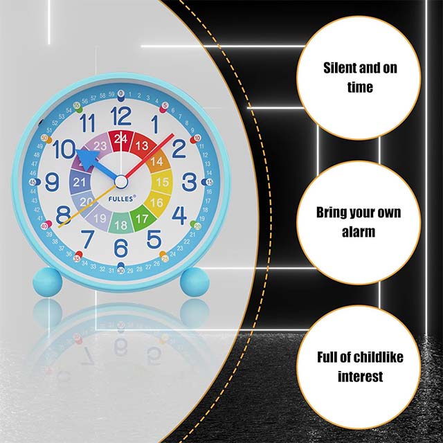 Blue Kids Alarm Clock – 4" Analog, Non-Ticking Educational Alarm Clock with Night Light & Colorful Dial for Bedroom