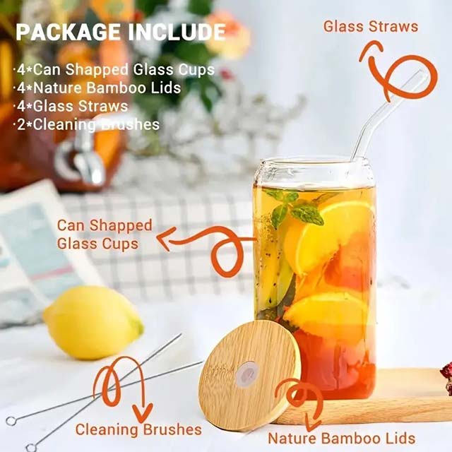 Borosilicate Glass Cup with Bamboo Lid & Straw - Reusable Drinkware for Iced Coffee, Tea, Juice, Beer, Milk + Cleaning Brush (Hand Wash Only)