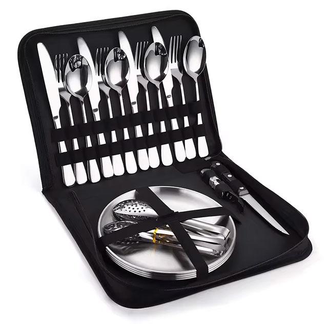 Camping Silverware Kit – 10/20PCS Stainless Steel Utensil Set with Plate, Spoon, Knife, Fork & Tongs for Picnic & Hiking