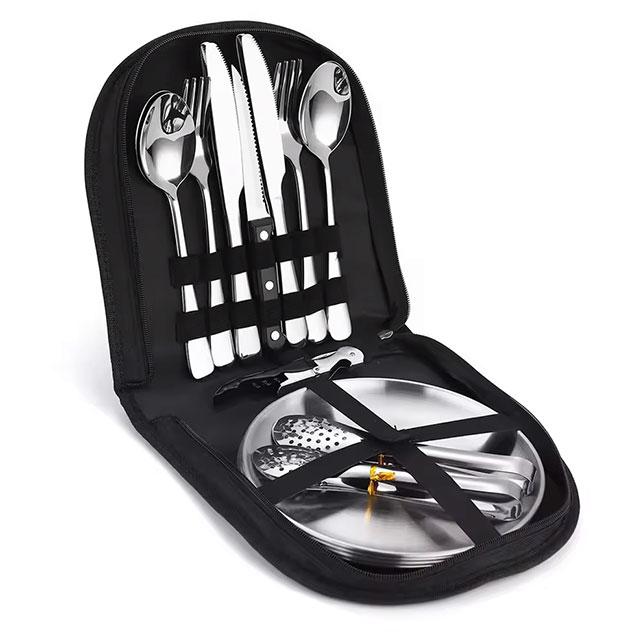 Camping Silverware Kit – 10/20PCS Stainless Steel Utensil Set with Plate, Spoon, Knife, Fork & Tongs for Picnic & Hiking