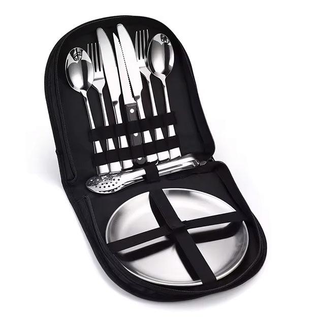 Camping Silverware Kit – 10/20PCS Stainless Steel Utensil Set with Plate, Spoon, Knife, Fork & Tongs for Picnic & Hiking