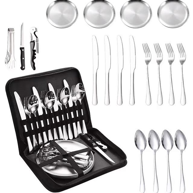 Camping Silverware Kit – 10/20PCS Stainless Steel Utensil Set with Plate, Spoon, Knife, Fork & Tongs for Picnic & Hiking
