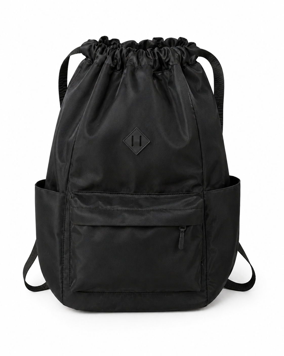 Black Drawstring Backpack with Zipper Pocket – Lightweight Nylon Casual Travel Bag (43x36cm)