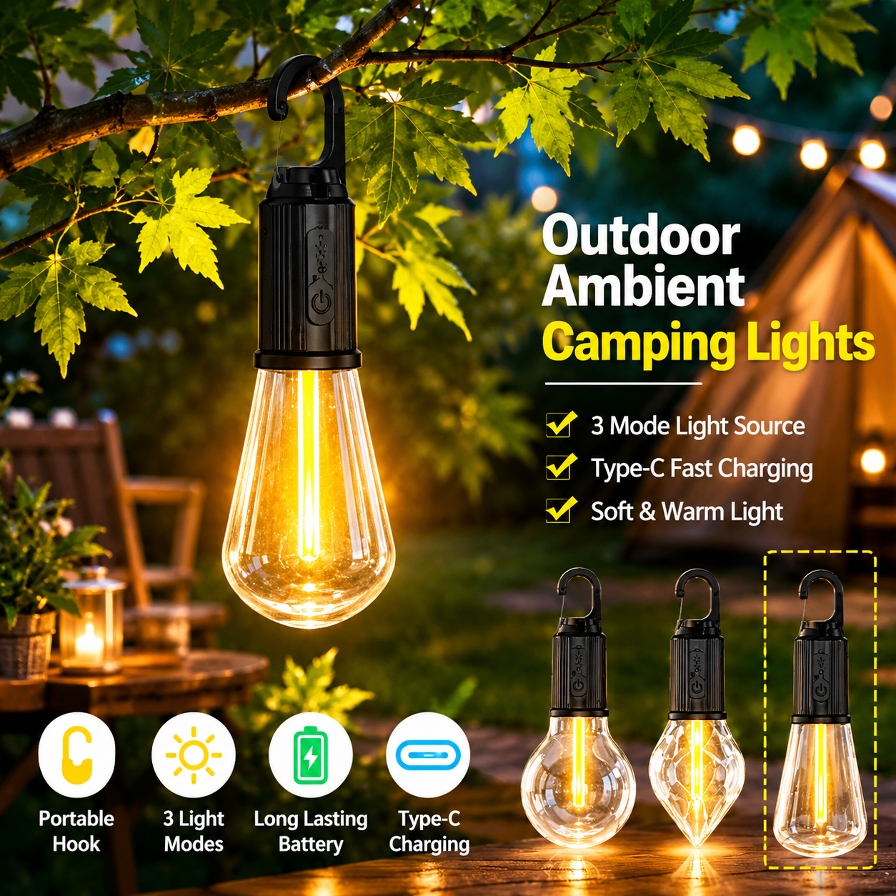 USB Rechargeable LED Camping Light – Portable Outdoor Hanging Lantern with 3 Lighting Modes & Type-C Charging