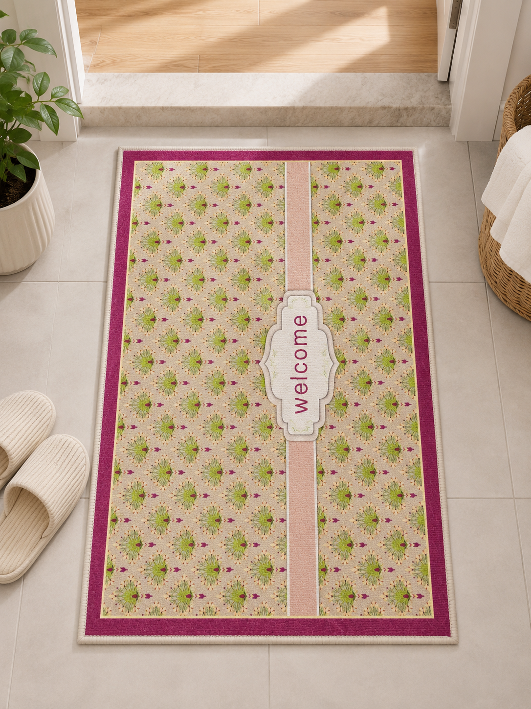 Welcome Floral Entrance Doormat 40x60cm – Non-Slip Water Absorbent Floor Mat for Home Entryway, Bathroom & Kitchen