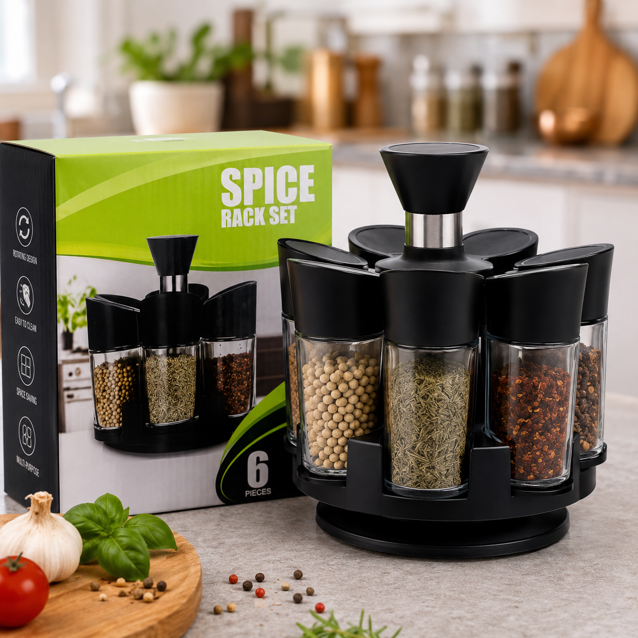 6-Piece Rotating Spice Rack Set – Revolving Kitchen Spice Organizer with Glass Jars & Airtight Lids for Herbs, Salt & Seasonings