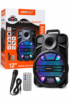 Digivolt DG-1090 12-Inch Portable Karaoke Speaker – 2000W PMPO with Flash Lights, USB, SD Card, FM Radio & Remote Control