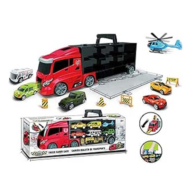 City Truck Transport Car Carrier Play Set – Large Toy Truck Hauler with City Vehicles & Helicopter – Storage & Carry Handle – Perfect City Toys for Boys & Girls