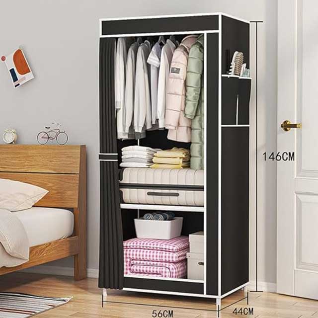 Collapsible Fabric Wardrobe Closet – Portable Black Storage Organizer with Dustproof Curtain, Hanging Rod & Metal Frame | Space-Saving & Easy to Assemble