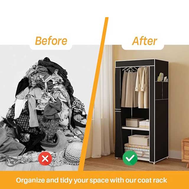Collapsible Fabric Wardrobe Closet – Portable Black Storage Organizer with Dustproof Curtain, Hanging Rod & Metal Frame | Space-Saving & Easy to Assemble