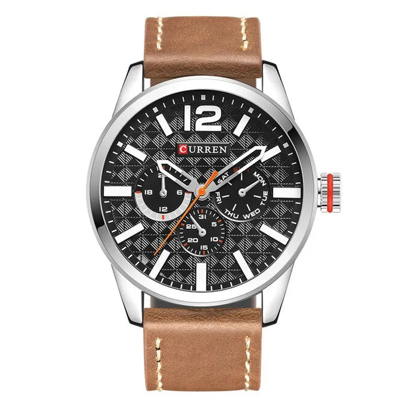 Curren 8247 Men’s Watch with Brown Leather Strap & Black Multi-Hand Dial