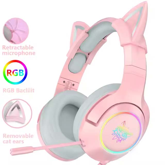 Custom Colors Green Pink Onikuma K9 Cat-ear RGB Gaming Headphone Headset with Mic