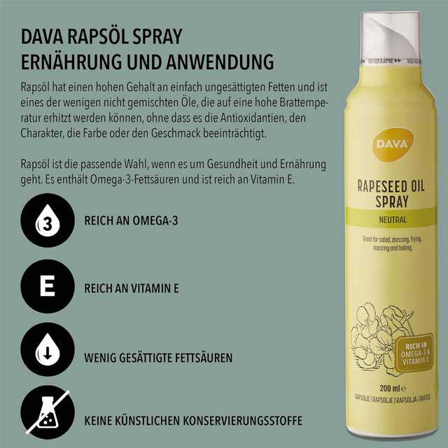 DAVA Yolli Neutral Rapeseed Oil Cooking Spray – 200ml Nonstick, Healthy Oil-Free Cooking Spray Bottle