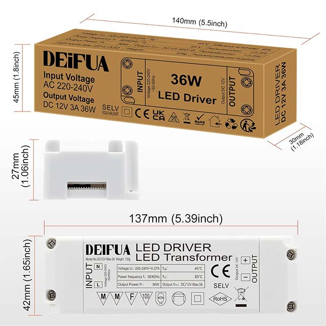 DEIFUA 12V 36W LED Transformer & 3000mA LED Driver – AC230V to DC12V Mini Power Supply for MR11, G4, MR16, GU5.3 LED Bulbs & LED Strips (Flicker-Free)