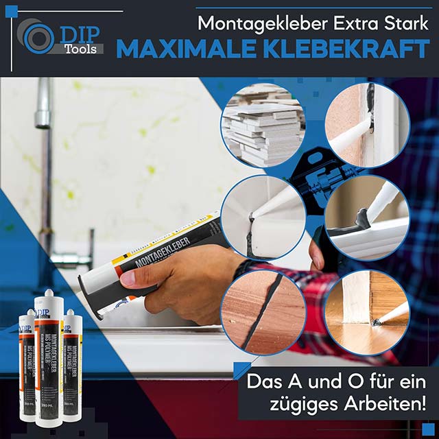 DIP-Tools Extra Strong Mounting Adhesive – Waterproof Indoor/Outdoor Bonding Glue for Metal, Styrofoam, Stone & Bathroom Applications