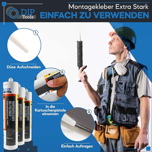 DIP-Tools Extra Strong Mounting Adhesive – Waterproof Indoor/Outdoor Bonding Glue for Metal, Styrofoam, Stone & Bathroom Applications