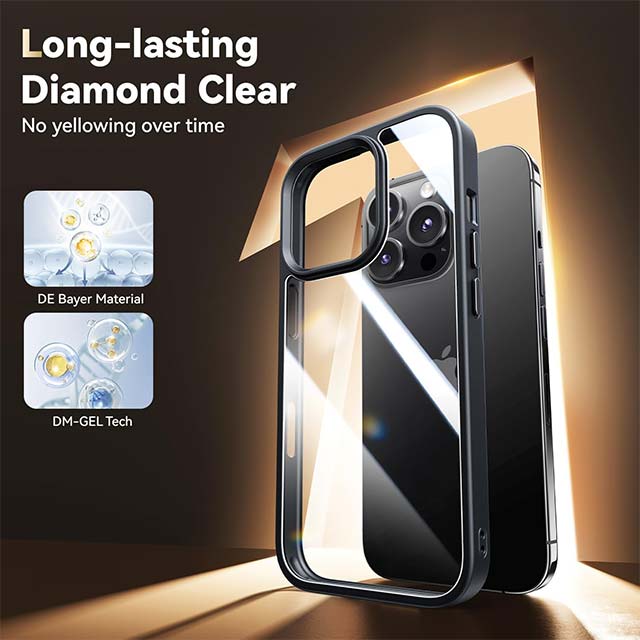 Diamond Clear iPhone 14 Pro Case – Premium Military-Grade, Slim & Shockproof Design with 2X Screen Protector & 2X Camera Lens Protector (No Yellowing, Black)