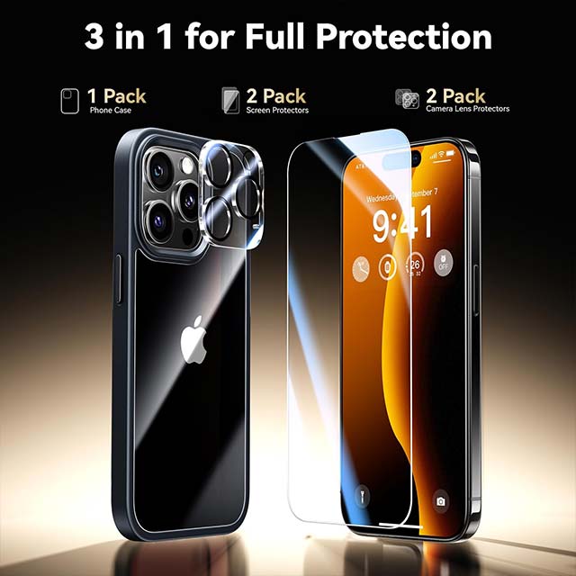 Diamond Clear iPhone 14 Pro Case – Premium Military-Grade, Slim & Shockproof Design with 2X Screen Protector & 2X Camera Lens Protector (No Yellowing, Black)