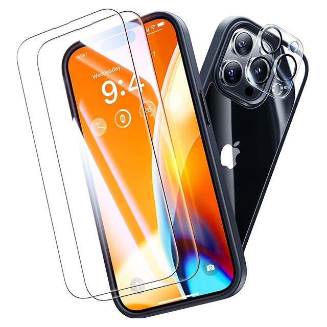 Diamond Clear iPhone 14 Pro Case – Premium Military-Grade, Slim & Shockproof Design with 2X Screen Protector & 2X Camera Lens Protector (No Yellowing, Black)